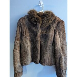 Vintage Brown Rabbit Fur Cropped Jacket Coat Fluffy Collar Korea Large 70-80's